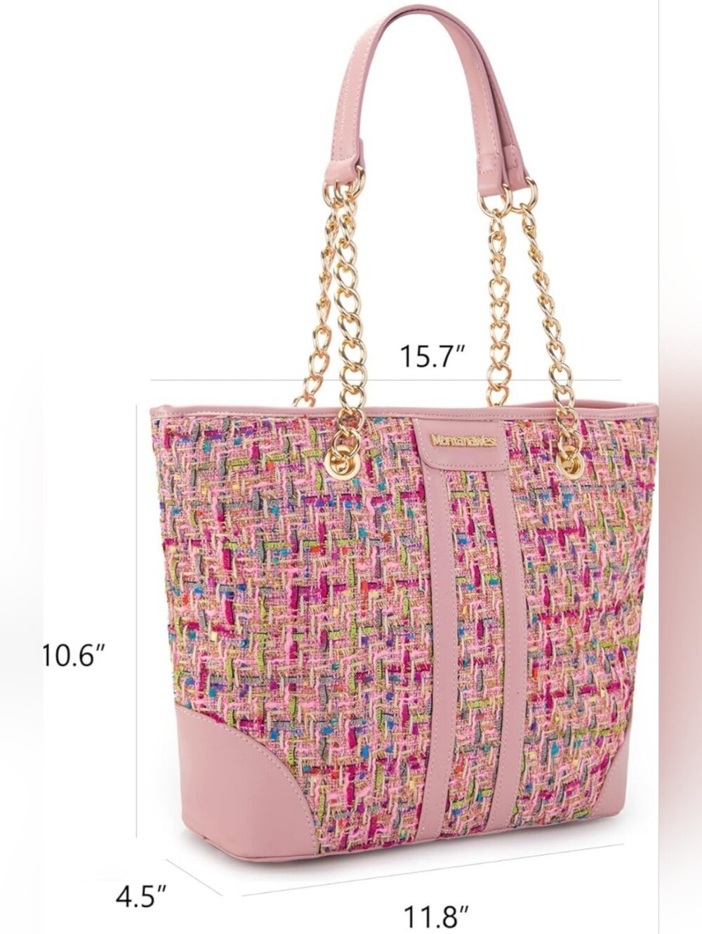 Montana West Pink Multicolor Tweed Tote with Gold Chain Straps- Fast Shipping!! - Picture 6 of 8